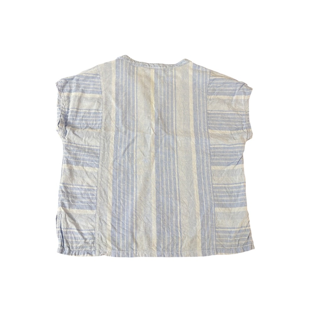 Sigrid Olsen Blue Striped Linen Blend V-Neck Blouse Short Sleeve Top Large - Picture 2 of 6